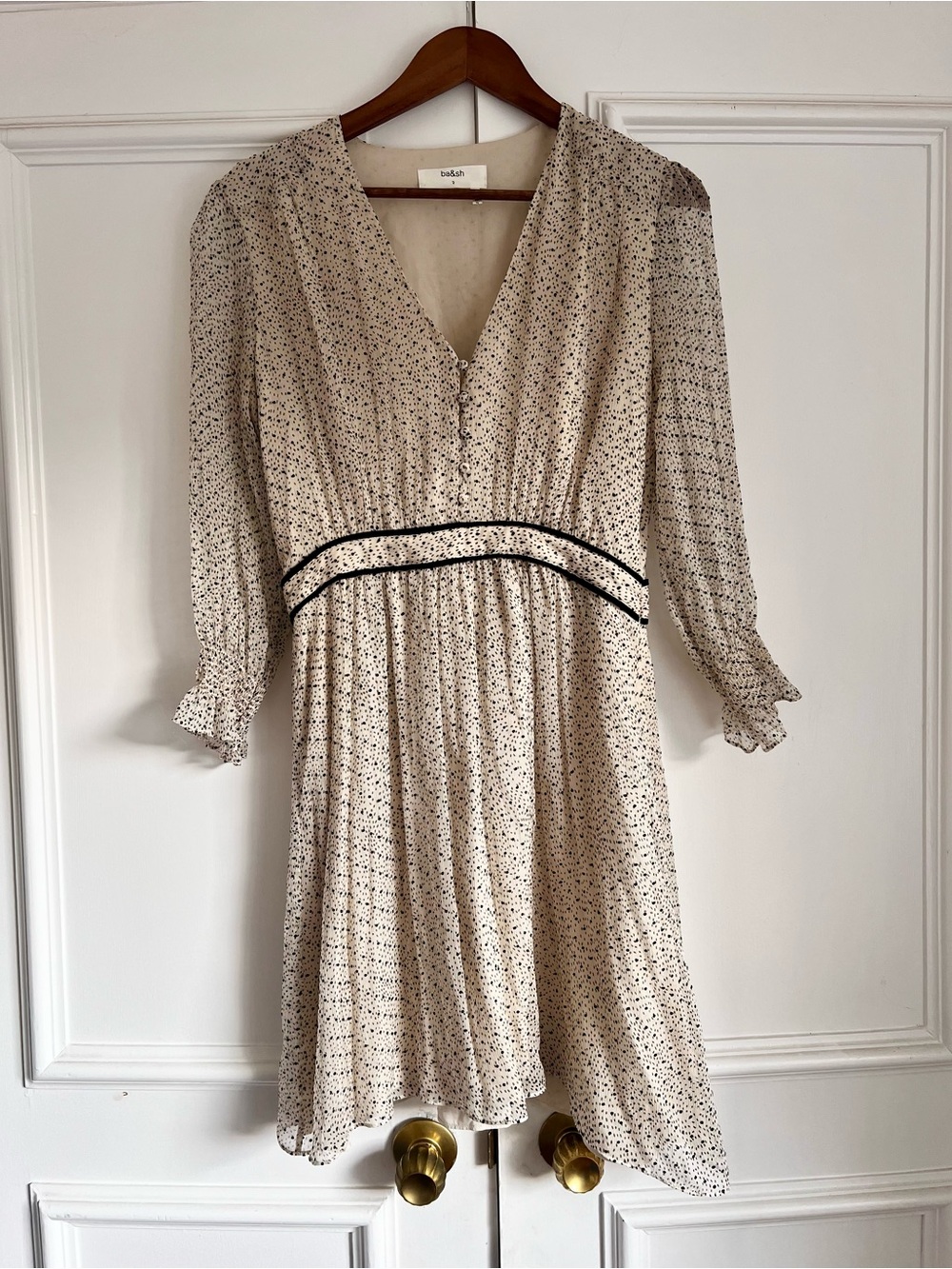 ba&sh Cream 3/4 Sleeve V-Neck Empire Waist Dress with Black Trim